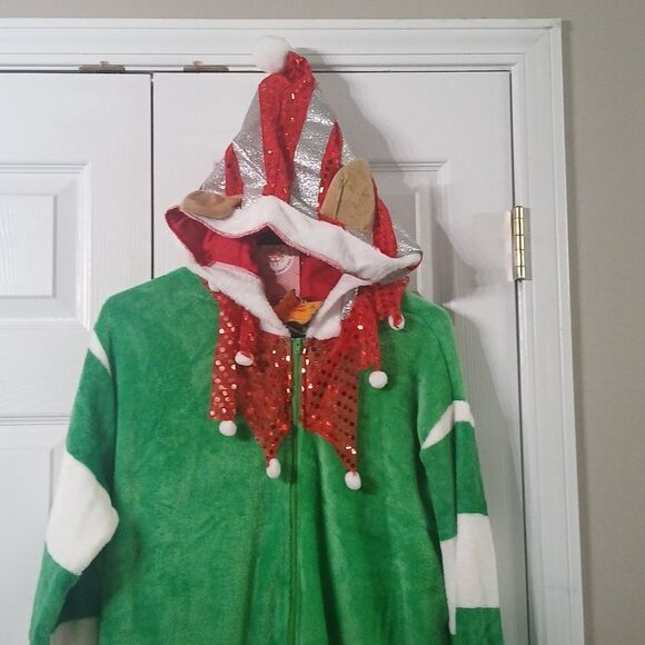 Christmas Santa Elf outfit one piece hooded holiday party ugly sweater Sz L  NWT - Picture 4 of 9